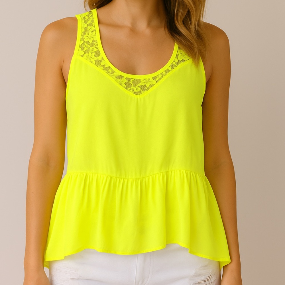 Vibrant Fluorescent Yellow Lace Trim Women's Tank Top